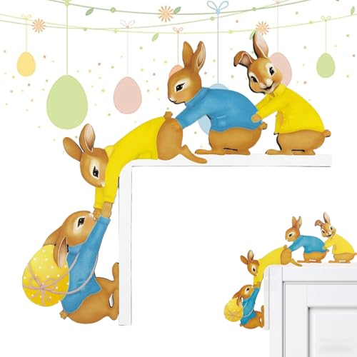 GIUSOBG Türrahmen Deko Ostern, Osterdeko Lustige Osterhase Deko aus Holz mit Schaumdoppelseitigem Kleber, Ostern Deko für Tür Fenster Kamin Kühlschrank
