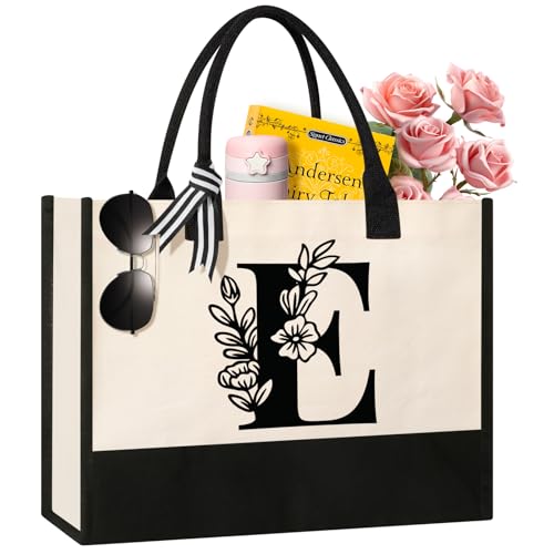 Image of Tecanne Personalized Initial Canvas Tote Bag, Suitable for Birthday, Wedding, Beach, Holiday, Gifts for Women, Mom, Teachers, Nurses, Best Friends, Bridesmaids (E)