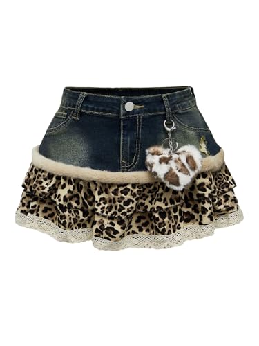 WDIRARA Women's Y2k Leopard Print Denim Mini Skirt Fuzzy Layered Ruffle A Line Skirts