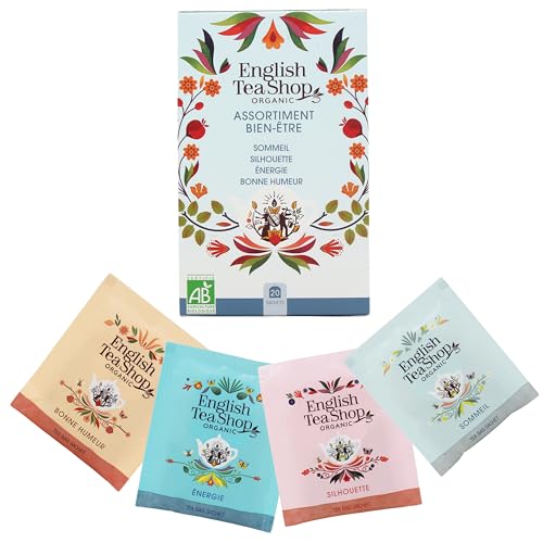 English Tea Shop – Assortiment d’infusions bien-être bio – Tisane sommeil, silhouette, énergie, bonne humeur – Boîte de 20 sachets
