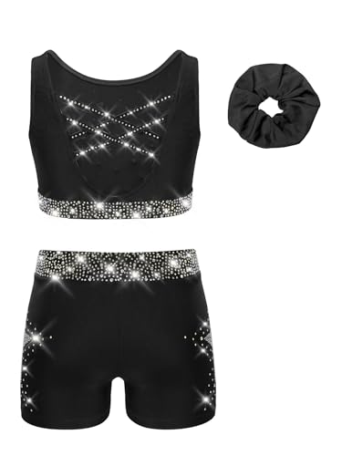 Kids Girls 3 Piece Gymnastic Dance Outfit Crop Top With Booty Shorts Hair Band Set For Yoga Training Black 14 Years2