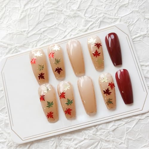 Fall Press on Nails Medium Coffin Fake Nails 24Pcs Autumn Maple Leaf False Nails Gold Red Maple Leaf Glitter Flakes Designs Full Cover Red Nails Glue on Nails for Women Girls Acrylic Nails Decorations - Image 4