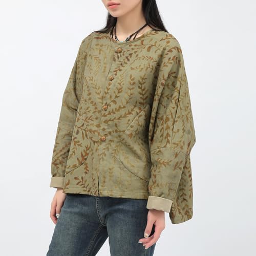 Women's Casual Jacket-Shirt Autumn Botanical Print Linen Long Sleeve Top Breathable Wind Resistant Outerwear Coat2