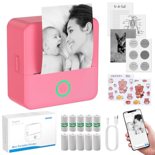 eSynic Pink Mini Portable Thermal Printer for Phone Pocket Photo Printer with 10 Rolls Of Thermal Paper Inkless Bluetooth Sticker Printer for Android IOS Kid Sticker Machine for Photo, Journal, Study