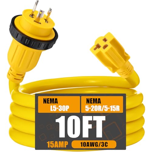 Kanayu 10FT 30 Amp to 15 Amp Marine Shore Power Adapter Extension Power Cord NEMA L5-30P to 5-15/20R 10AWG 30Amp to 20Amp T Blade Marine Plug 125V Household Outlet Pigtail Boat Adapter