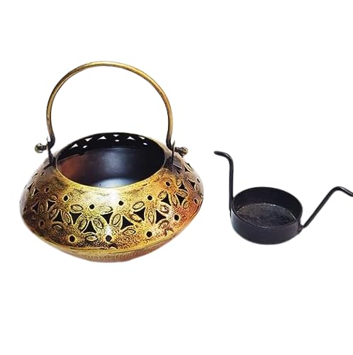 Zarp exim Home Decor Tealight Holder/Degchi Style Candle Stand/Antique Finished Dhoop Incense/Tealight Holder Degchi Handle Pot - Black Golden Chrome Polished