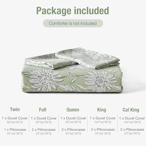 Image of Lekesky Queen Size Duvet Cover Set, Reversible Duvet Cover Queen with White Floral Pattern, Lightweight Soft Microfiber Comforter Cover, 3 Pieces Green Bedding Set with Zipper and 2 Pillowcases