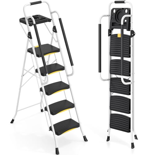 Urackify 5 Step Ladder with Tool Tray, Folding Steel Step Stool with Safety Lock & Handrail, Anti-Slip Wide Pedals, 150 kg Load Capacity, Portable Ladder for Kitchen, Office, Home