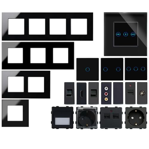 WLAN Touch Lichtschalter Wechselschalter Dimmer Serienschalter Steckdose | LED beleuchtet | Alexa/Google Home kompatibel | Glasrahmen | schwarz | LUXUS-TIME (Rahmen 3-Fach)