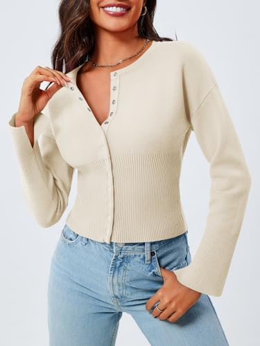 Image of Saodimallsu Womens Cropped Sweaters Cardigan | Button Down,Long Sleeve,V Neck,Ribbed Knit,Slim Fit ,Pullover Crop Tops