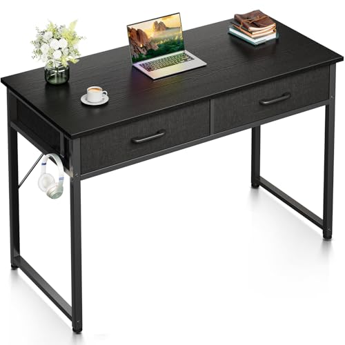 Image of Casaottima 40 Inch Small Office Computer Desk with 2 Drawers & Headphone Hook - Compact Writing Desk for Home Office, Study or Work, Modern Space-Saving Design for Small Spaces, Black