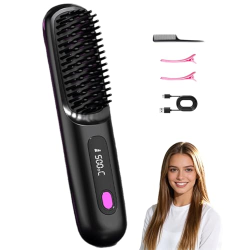 Image of Go Brush Pro Cordless Hair Straightener Brush, Portable Straightener Brushs for Travel, Fast Heating Cordless Mini Hair Brushs with LED Display, 3 Adjustable Temperatures for All Hair Types, Black