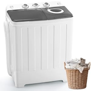 Portable Washing Machine Twin Tub – 28lbs Compact Washer (18lbs) and Spinner Dryer (10lbs) Combo with Drain Pump – Semi Automatic Washing Machine for Apartments, Dorms, RVs, Camping – Grey