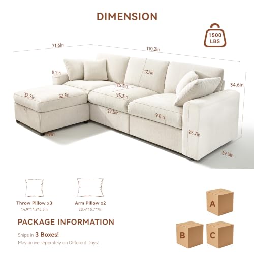 Image of Ihanherry Cloud Sectional Couches for Living Room, 110 inch Large Modular Sectional Sofa with Wide Deep Seat, L Shaped Couch with Throw Pillow and Storage Ottoman, Beige