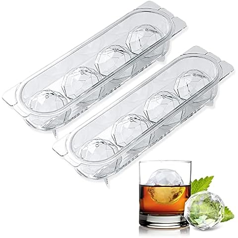 2 Set Ice Molds，Ice Ball Maker Mold，4-Grid 2 Inch Large Ice Cube Molds for Cocktails Whiskey Bourbon,Diamond Ice Cube Trays Cover