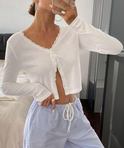 Image of Cioatin Women V Neck Lace Trim Button Down Open Front Pointelle Crop Cardigan Long Sleeve Clean Fit Y2K Minimalist Shirt Tops