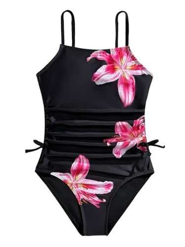 Image of Milumia Girl's Floral One Piece Swimsuit Bow Tie Side Spaghetti Strap Bathing Suit