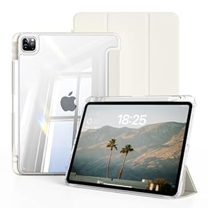 JKSML Hülle für iPad Pro 11 Zoll 4./3./2. Generation (2022/2021/2020) – mit Stifthalter, transparenter Rückseite, Unterstützung für Apple Pencil 2 Aufladung und Auto-Schlaf/Weckfunktion (Weiße Creme)