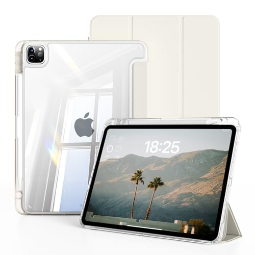 JKSML Hülle für iPad Pro 11 Zoll 4./3./2. Generation (2022/2021/2020) mit Stifthalter PC Klare Transparenter Rückseite Dünner Stoßfeste Unterstützt Pencil Aufladung Schlafen/Wachen (Weiße Creme)