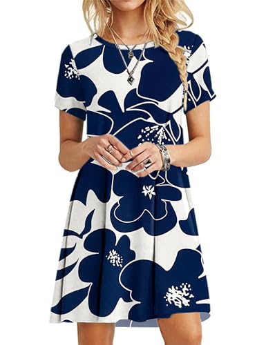 MOLERANI Women Dresses Summer Dresses for Women UK T-Shirt Dress Short Sleeve Ladies Beach Dress White Navy Floral M