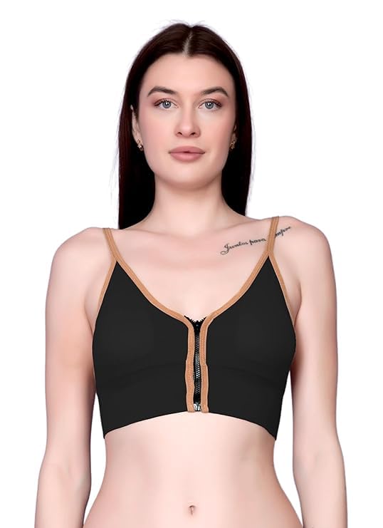 Zip Lightly Padded Non-Wired Bralette Bra Stylish whool Cotton Removable Padded Bra for Workout Yoga Running Camisole Crop Tops Free Size. Multicolor-image-20