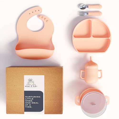 Image of mimi & kiki BPA-Free Silicone Baby Feeding Set, Baby Plates and Bowls Set, Baby Led Weaning Supplies, Silicone Suction Plate, Baby Utensils, Bib and Cup, Self Feeding, Dishwasher Safe (Light Pink)