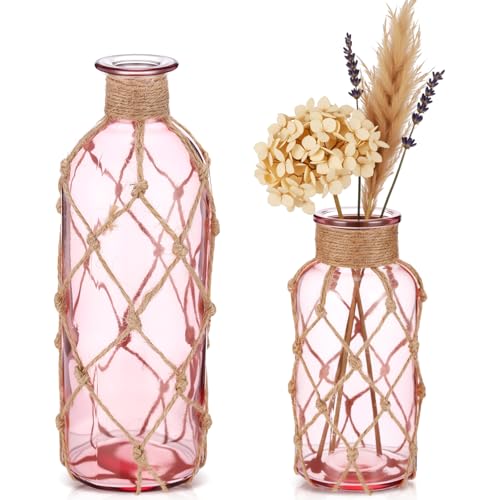 Image of Chuangdi Set of 2 Coastal Glass Flower Vase with Boho Rope, Pink