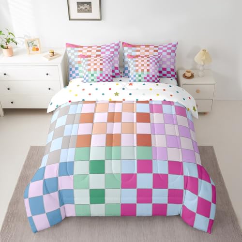 Image of Erosebridal Colorful Buffalo Plaid Full Comforter Set 7 Piece Geometric Grid Checkered Bedding Set Rainbow Ombre Checkerboard Bed in A Bag for Kids Boys Girls Women,Groovy Aesthetic Bed Set