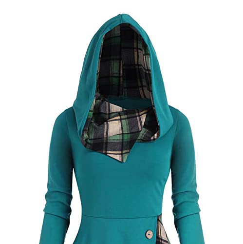 Women's Gothic Patchwork Dress Casual Button Plaid Tunic Hooded Dress Medieval A-Line Sundress Green #TOP4
