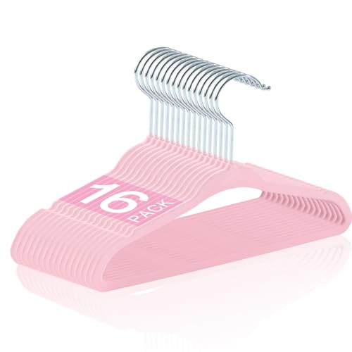 Monicent 11 Inch Baby Hangers,16 Pack Velvet Kids Hangers,Non Slip Toddler Infant Hangers,Baby Clothes Hangers for Closet (Pink)