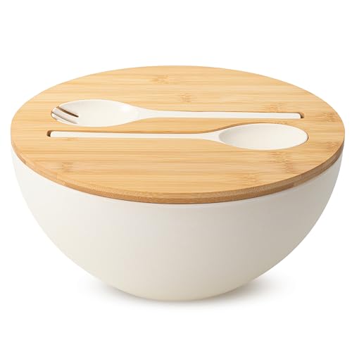 BAMBOO LAND - Insalatiera extra large con coperchio in legno, 29 cm, bianco, in fibra di bambù, insalatiera con utensili da portata, ampia gamma di applicazioni