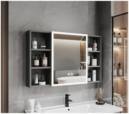 Gray Bathroom Cabinet with Mirror, Wall-Mounted Storage Cupboard, Large Capacity, High-Definition Glass, One-Button Defog, 70x68cm/27.5x26.7in, Elegant Design.