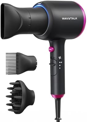 Wavytalk Hair Dryer with Diffuser, Blown Away Ionic Hair Dryer for Curly Hair with Comb, 1875W Fast Drying Blow Dryer with Ceramic Technology, 3 Attachments for All Hair Types, Light and Quiet, Black