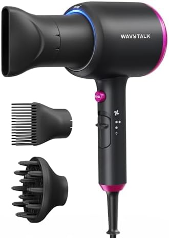 Wavytalk Hair Dryer with Diffuser, Blown Away Ionic Hair Dryer for Curly Hair with Comb, 1875W Fast Drying Blow Dryer with Ceramic Technology, 3 Attachments for All Hair Types, Light and Quiet, Black