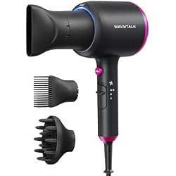 Wavytalk Hair Dryer with Diffuser, Blown Away Ionic Hair Dryer for Curly Hair with Comb, 1875W Fast Drying Blow Dryer with Ceramic Technology, 3 Attachments for All Hair Types, Light and Quiet, Black