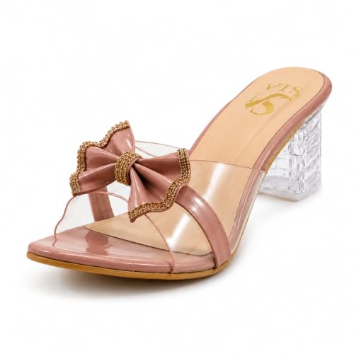 Image of Women's Transparent Block Heel Sandals with Rhinestone Bow, Clear Strap Slip-On Party Heels for Women
