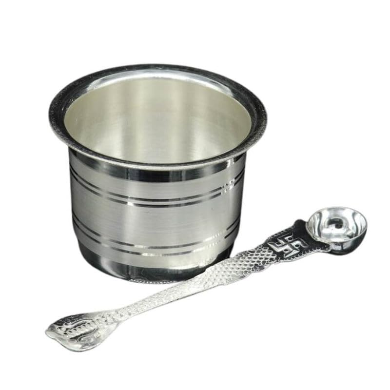 Image of Silver Plated Ghee Pot with Spoon | Pooja Ghee Container for Mandir | Charnamrit Kalash Set | Temple Bhog & Aarti Item | Religious Gift for Diwali, Wedding & Housewarming