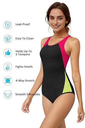 Image of Beautikini Period Swimwear One Piece Leakproof Menstrual Swimsuit Racerback Color Block Bathing Suit for Teen Girls Women