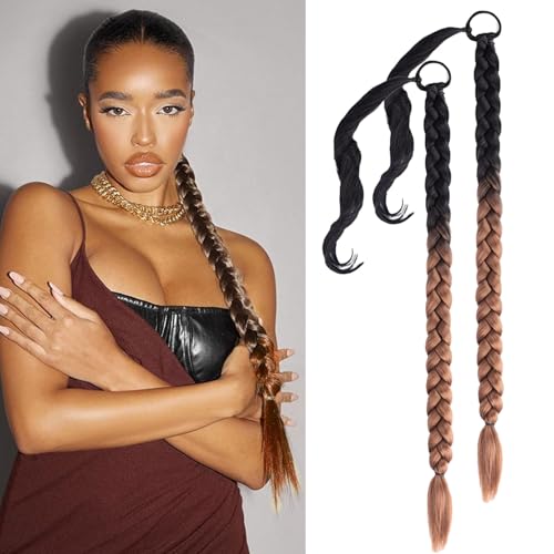 2 Packs Long Braid Ponytail Extension for Black Women with Hair Tie Straight Wrap Around Braid Hair Extensions Can be Restyle Soft Synthetic Hair Piece (1b-30, 30 Inch (pack of 2))