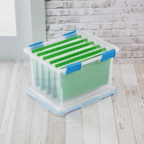 Image of Sterilite 32 Qt Gasket Box, Stackable Storage Bin with Latching Lid and Tight Seal, Plastic Container to Organize Basement, Clear Base and Lid, 4-Pack | Heavy-Duty, Stackable, and Organizing Containers for Bathroom, Cabinet, Closet, and Garage, Clear and Blue Aquarium Latches
