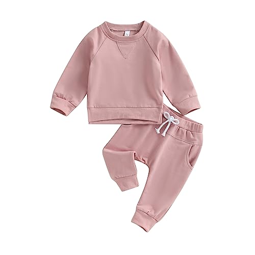 Image of HnuanLui 2Pcs Baby Boy Girl Clothes Set Solid Color Long Sleeve Split Sweatshirt Top Drawstring Sweatpants Toddler Jogger Set (Pink, 0-6 Months)