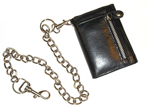 4 1/4 inch Leather Trifold Biker Wallet with Chain - Black3