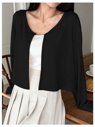 Image of MakeMeChic Women's Long Sleeve Button Open Front Lightweight Cropped Cardigan Sweaters Black Small