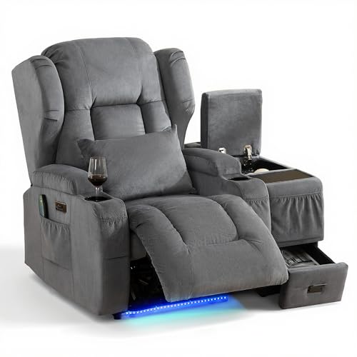 Image of DRMBOOK Power Recliner Chair, Electric Wall Hugger Reclining Sofa with Massage & Heat, Overstuffed Theater Seating with LED /USB Ports /Cup Holders for Living Room (Linen Grey, 1 Chair with Console)