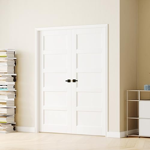 Image of Double French Doors, 5-Panel Interior Door with Black Door Levers, 60 inch x 80 inch Pantry Door for Bathroom Bedroom Pantry Laundry Closet Door, Easy to Assemble, Need to Bore Holes