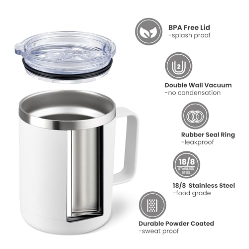 Image of MEWAY 12oz /1Pack Double Wall Vacuum Insulated Travel Mug with Handle, Stainless Steel Tumbler with Lid, Durable Powder Coated Insulated Coffee Cup for Cold & Hot Drinks (White, 1)