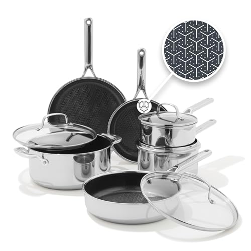 OXO Hybrid 10 Piece Cookware Pots & Pans Set PFAS-Free Ceramic Nonstick Fusion Boost Tech for Powerful Searing Induction & All Cooktop Compatible Dishwasher Safe Mirror Polished Tri-Ply