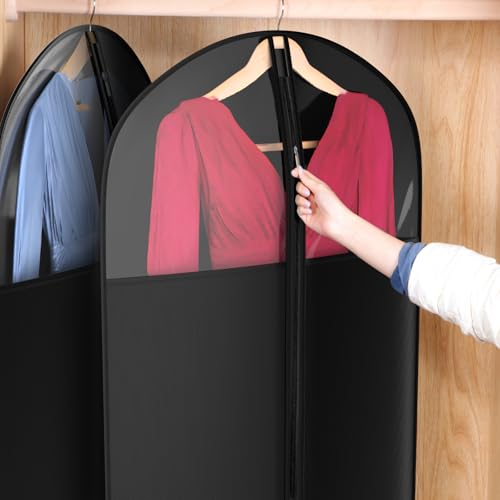 Image of Univivi Long Garment Bags for Hanging Clothes, 54 inch Dress Bags for Gowns Long for Closet Storage with Large Visible Window for Long Suits, Coats, Dresses, 6 Pack, Black