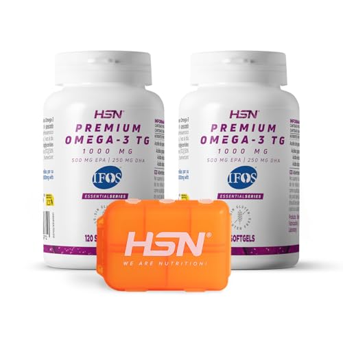 HSN Premium Omega 3 IFOS 5 Estrellas | PACK 2x 120 Perlas + Pastillero Semanal | 1000mg Puro Aceite de Pescado (500mg EPA + 250mg DHA) Forma de Triglicéridos Altamente Concentrado | No-GMO Sin Gluten