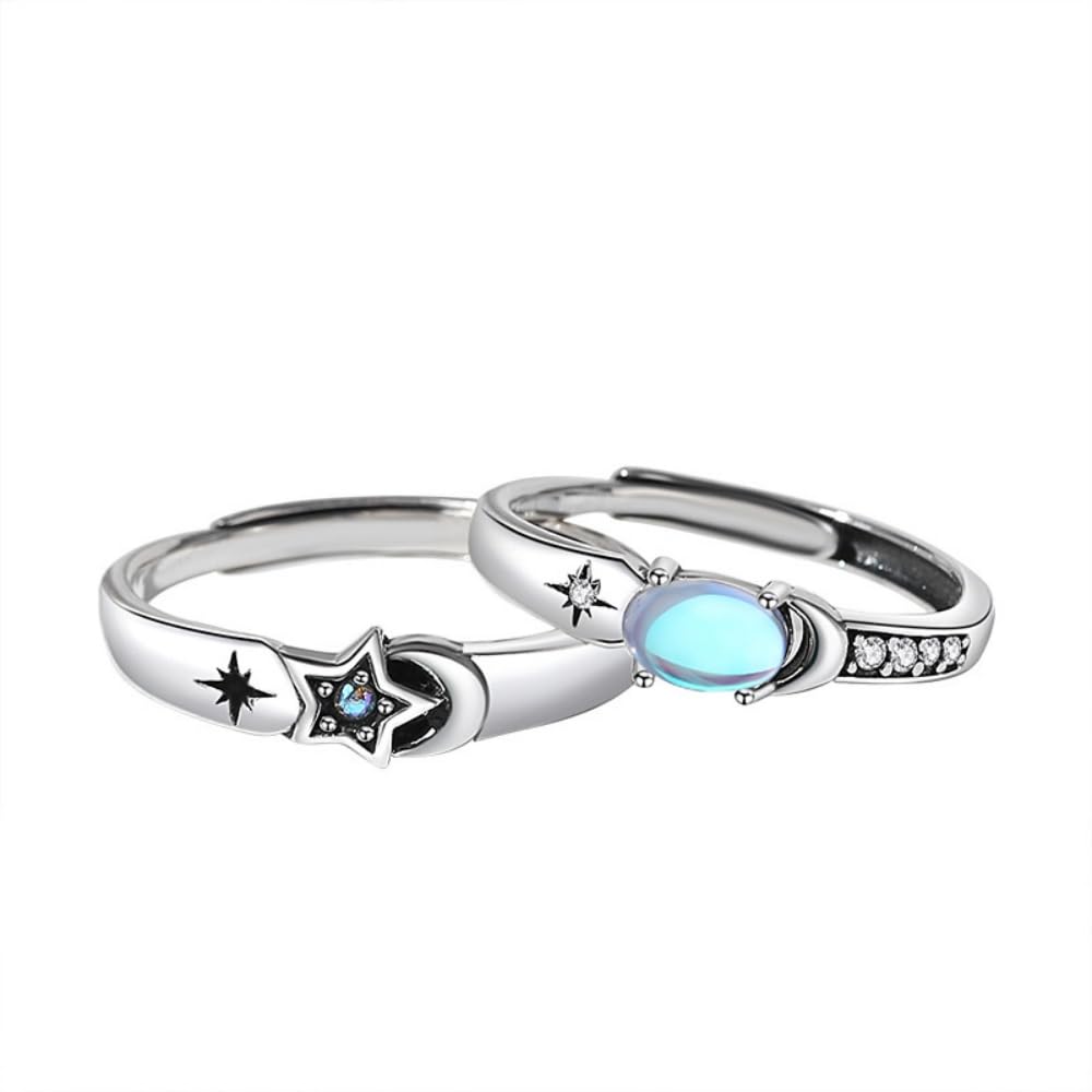 Zankulas Promise Rings for Couple Starry Sky Couples Matching S925 Sterling Silver Ring for Him and Her Moon/Star Adjustable Engagement Marry Wedding Band Valentine's Day Gift for Women